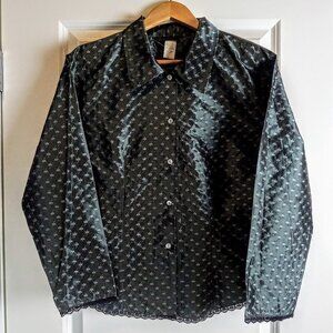 Vintage Nola True Slate Blue Grey Silk Lace Trim LS Shirt